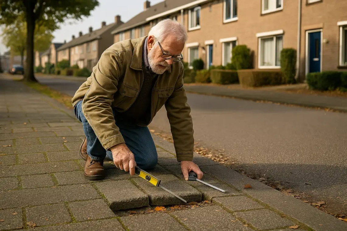 Een man hurkt naast een stoeptegel in Amersfoort, wijst met een digitale waterpas op een hoogteverschil van 3 millimeter — onderdeel van het burgerinitiatief ‘Tegelgelijk’.